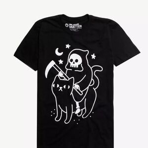 Black Matter Black Tee with Grim Reaper and Cat Graphic